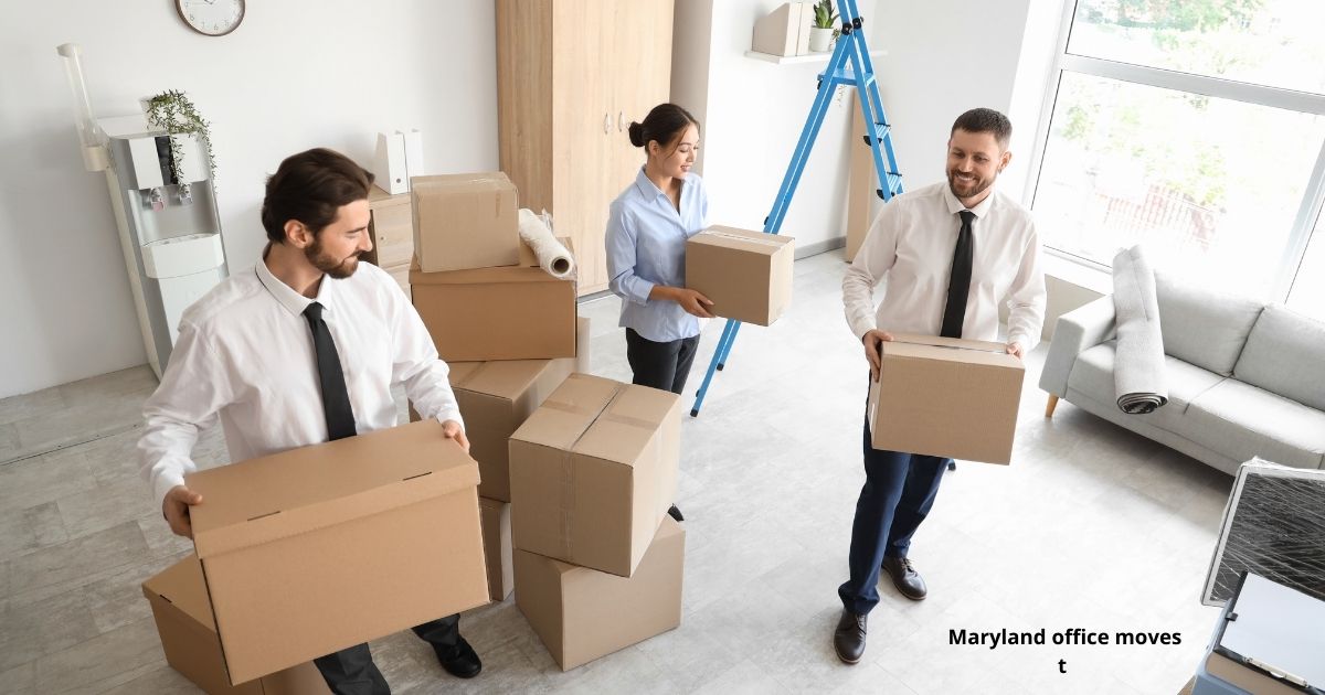 : modern office team coordinating Maryland Office & Commercial Moves with labeled boxes and IT racks