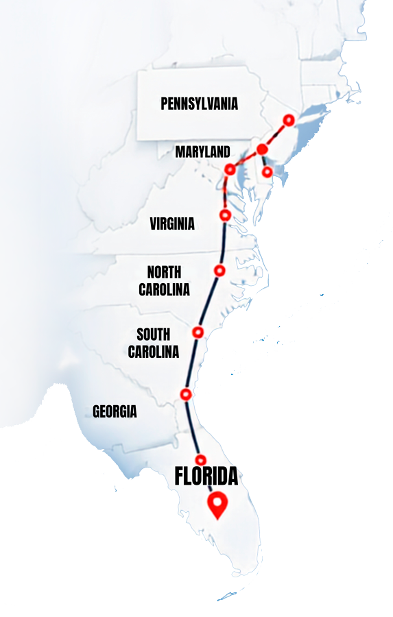 East Coast interstate moving route through Florida, Georgia, South Carolina, North Carolina, Virginia and Maryland