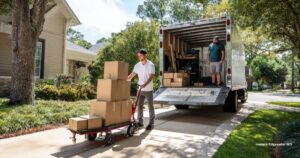 Professional movers loading a moving truck outside a waterfront home in Edgewater, Maryland